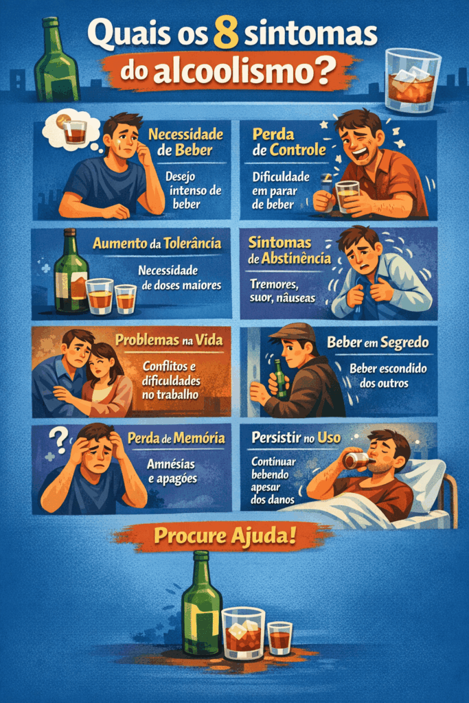 Infográfico com os 8 principais sintomas do alcoolismo