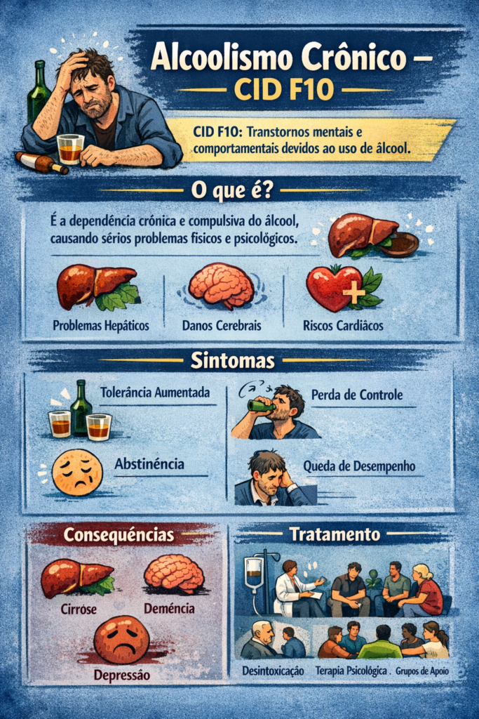 Infográfico sobre alcoolismo crônico CID F10 com sintomas, riscos à saúde e opções de tratamento
