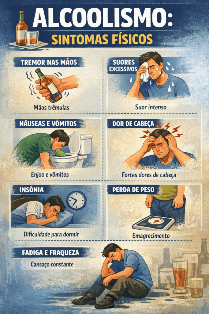 Infográfico sobre alcoolismo mostrando sintomas físicos como tremores, náuseas, suor excessivo e dor de cabeça.