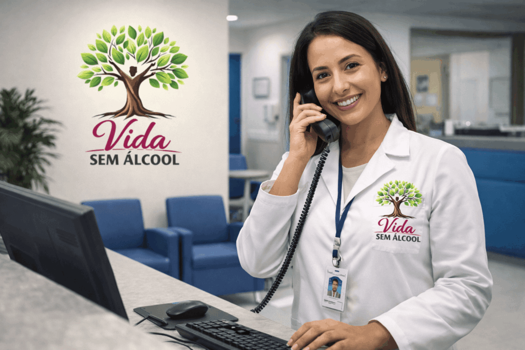 Atendente de clínica Vida Sem Álcool atendendo paciente em recepção profissional