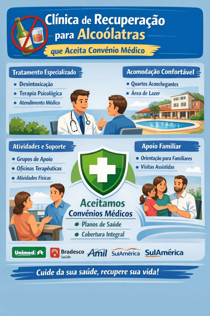 Infográfico de clínica de recuperação para alcoólatras com tratamento especializado e aceitação de convênio médico