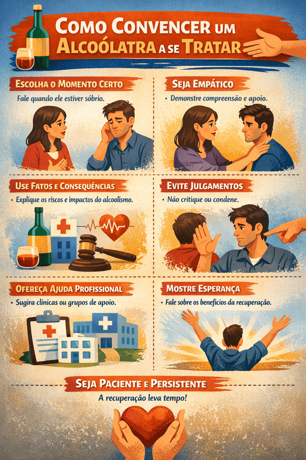 Infográfico explicativo sobre como convencer um alcoólatra a se tratar de forma empática e eficaz