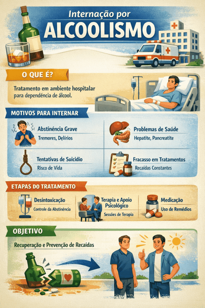 Infográfico sobre internação por alcoolismo com etapas do tratamento e recuperação