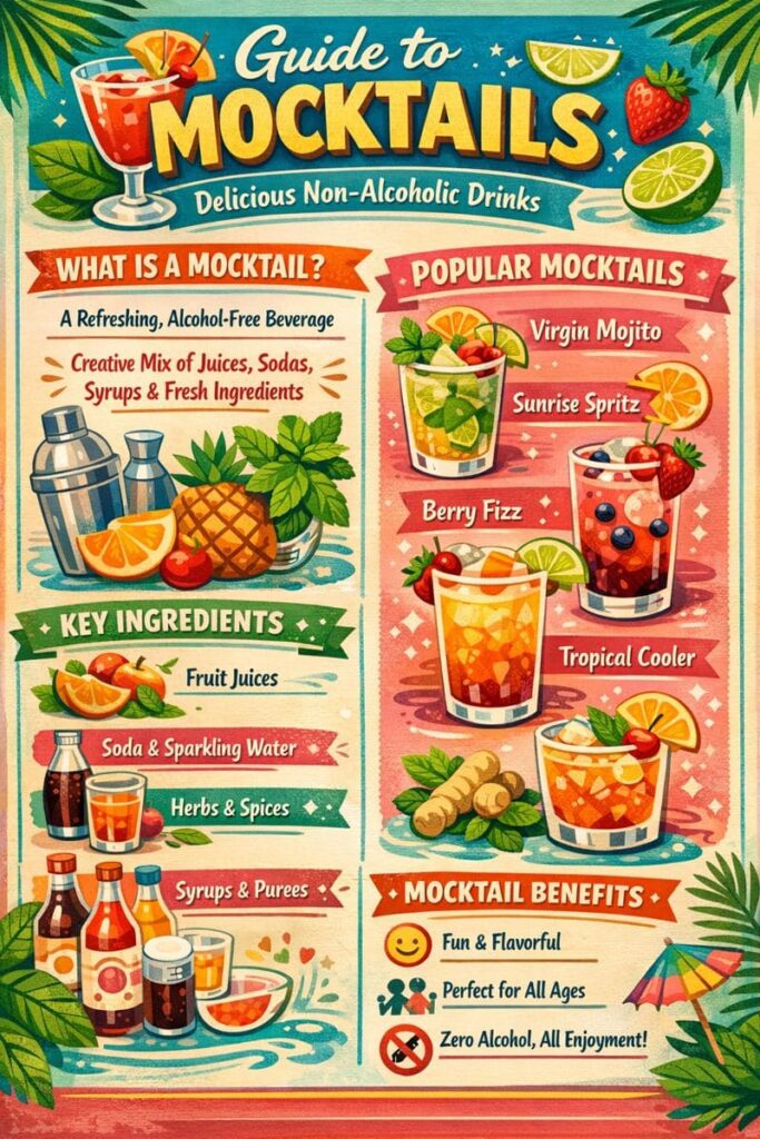 Infográfico colorido sobre mocktails com receitas e ingredientes sem álcool