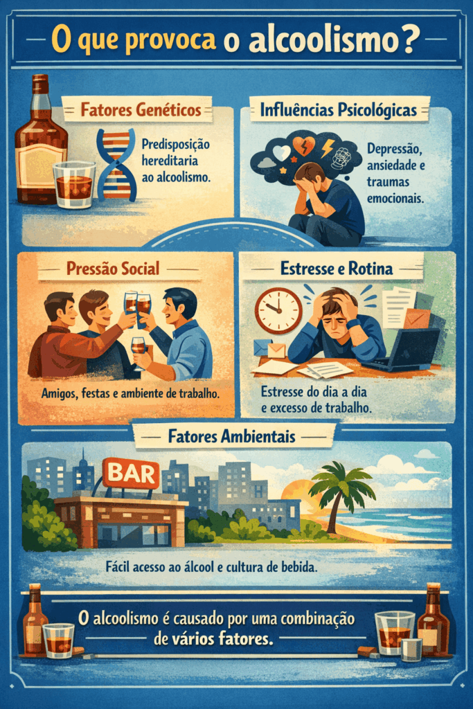 Texto alt:
Infográfico explicando o que provoca o alcoolismo e seus principais fatores
