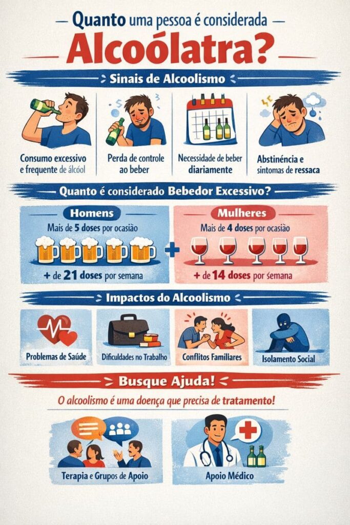 Infográfico explicando quando uma pessoa é considerada alcoólatra, sinais do alcoolismo e consumo excessivo de álcool