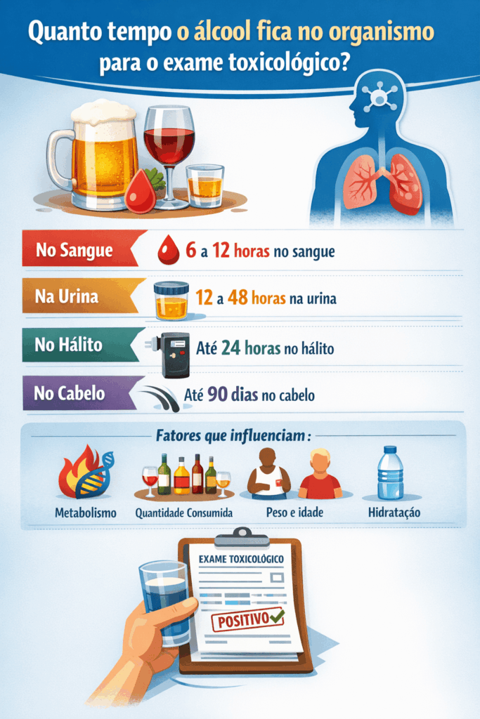 Infográfico mostra quanto tempo o álcool permanece no sangue, urina, hálito e cabelo para exame toxicológico