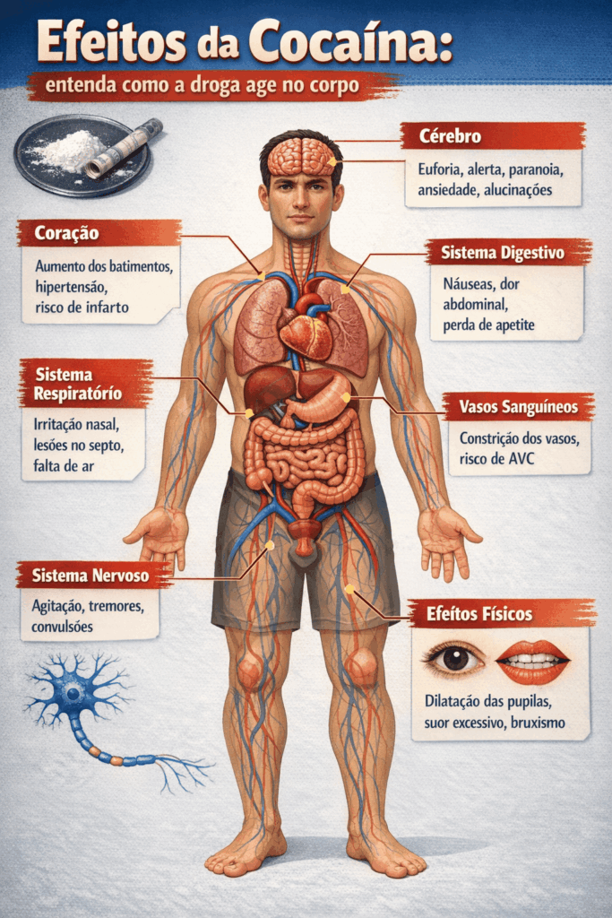 Diagrama mostrando impacto da cocaína no cérebro e coração